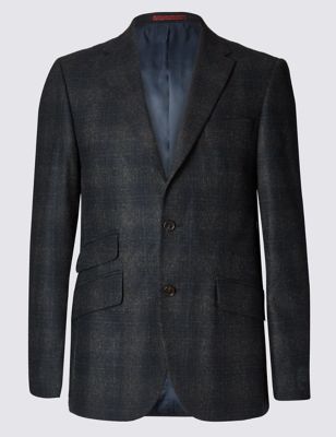 Wool Blend Tailored Fit Check 2 Button Subtle Jacket
